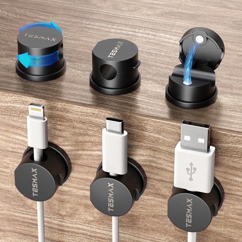 Tesmax Magnetic Cord Holder 360°Rotation Cord Organizer, 6Pack Cable Clips [1s Lock] Adhesive Cable Management Desk Organizers and Accessories, Phone Charging Wire Holder for Nightstand,Car,Home Office - Image 1